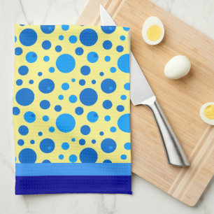 Paño De Cocina Círculos retro y lunares en azules sobre amarillo 