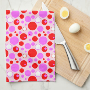 Paño De Cocina Círculos y lunares retro rosados y rojos sobre ros
