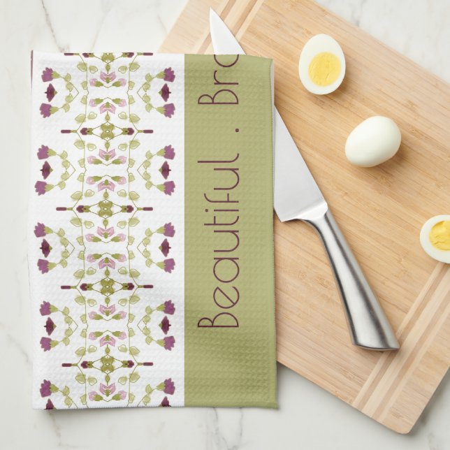 Paño De Cocina Ciruela verde y floral púrpura (Doblado Cuarto)