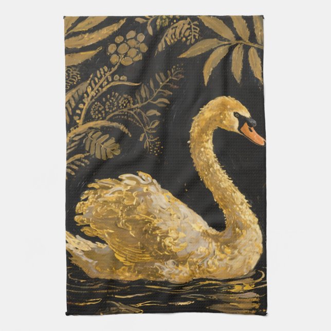 Paño De Cocina Cisne dorado en un estanque nocturno (Vertical)