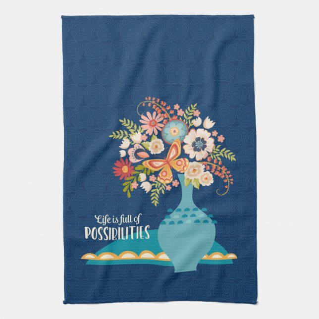 Paño De Cocina Cita positiva Bonito Vasa floral azul (Vertical)