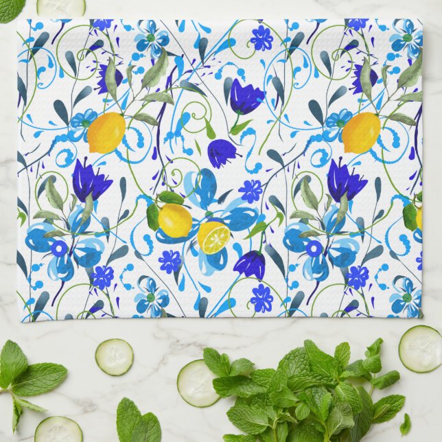 Paño De Cocina Cítricos de verano, limones, Mediterráneo floral   (Doblado)