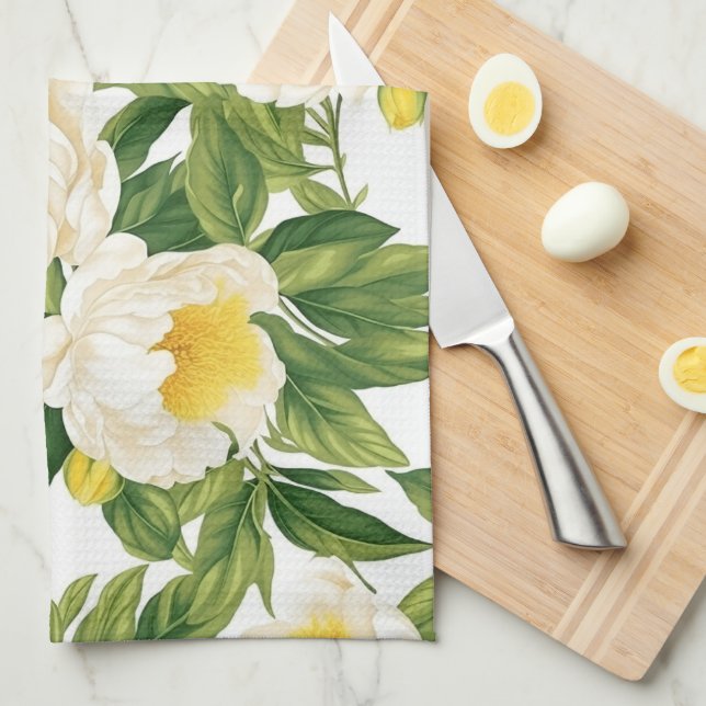 Paño De Cocina Claire de Lune peonies blanca y amarilla (Doblado Cuarto)