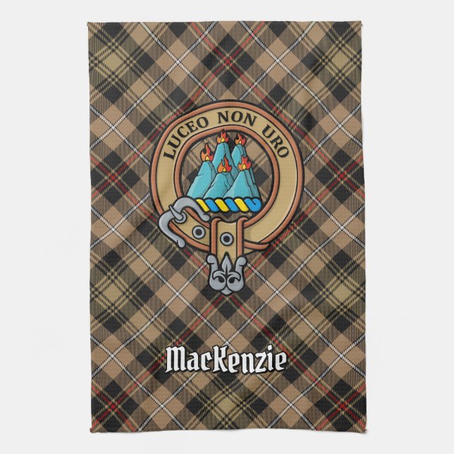 Paño De Cocina Clan MacKenzie Escudo sobre Brown Hunting Tartán (Vertical)