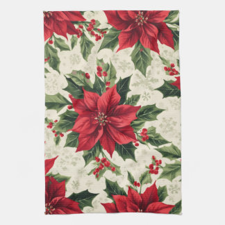 Paño De Cocina Clásica Estrella Roja de Navidad Poinsettia Holly