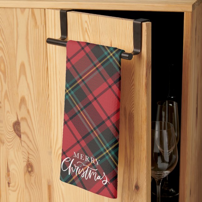 Paño De Cocina Clásico elegante Tartán Rojo Feliz Guión de Navida (Pliegue de tercios)