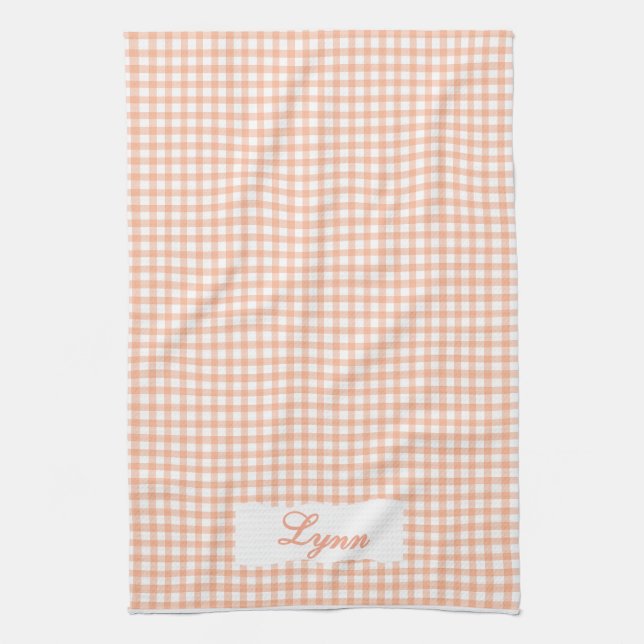 Paño De Cocina Clásico Gingham Naranja y Blanco | Nombre Personal (Vertical)