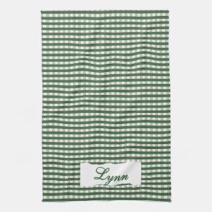 Paño De Cocina Clásico Gingham Verde y Blanco Nombre Personaliz