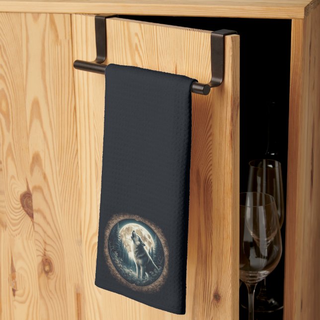 Paño De Cocina Clásico, lobo vintage y luna (Pliegue de tercios)