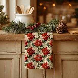 Paño De Cocina Clásico Rojo y Blanco Poinsettias Navidad 