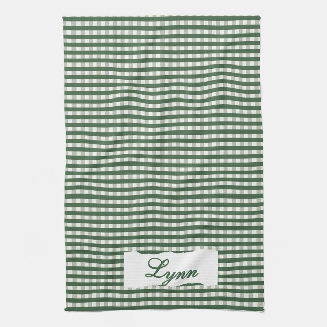 Paño De Cocina Classic Green & White Gingham | Personalized Name (Vertical)