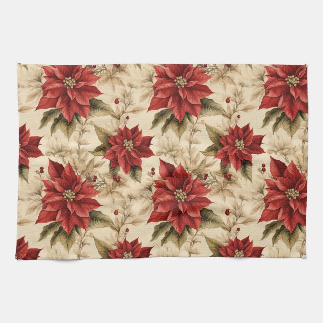 Paño De Cocina Classic Holiday Tea Towel Rustic Red Floral Style (Horizontal)
