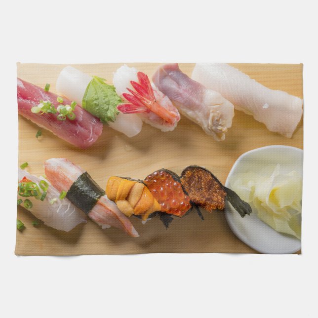 Paño De Cocina Classic Sushi Assortment on Wood (Horizontal)