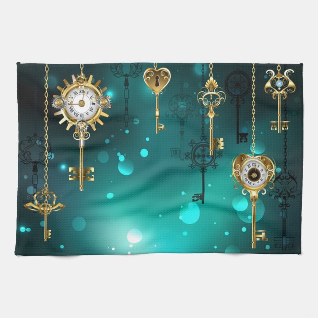 Paño De Cocina Claves de esqueleto antiguas sobre fondo verde (Horizontal)