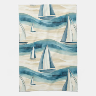 Paño De Cocina Coastal Sailboat Waves Nautical Pattern (1)