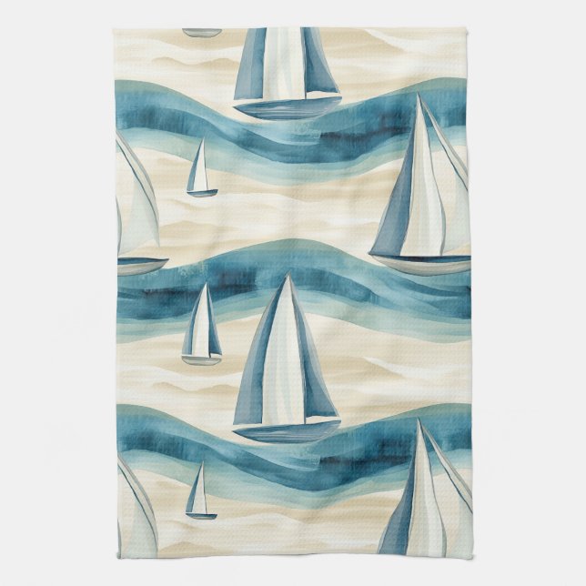 Paño De Cocina Coastal Sailboat Waves Nautical Pattern (1) (Vertical)