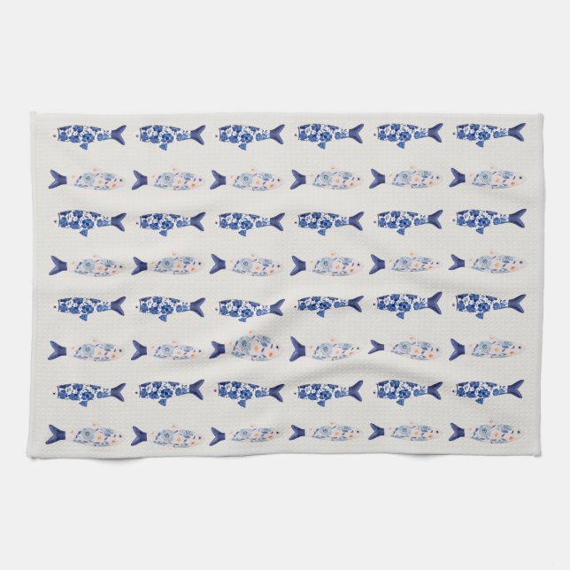 Paño De Cocina Coastal Style Blue Fish Pattern Shower Curtain (Horizontal)
