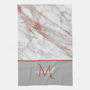 Paño De Cocina Cobre Rosa Oro y Mármol Gris con Monograma
