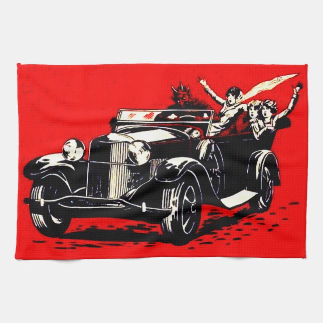 Paño De Cocina Coche femenino de secuestros del Krampus Rojo (Horizontal)