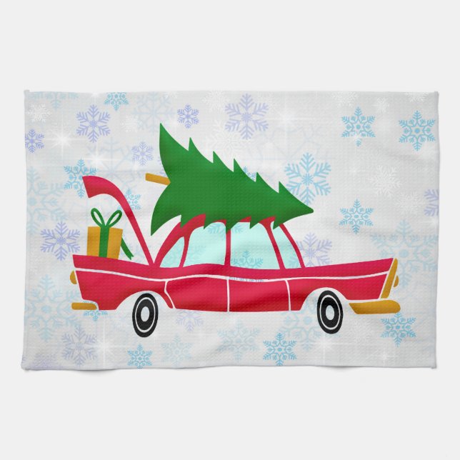 Paño De Cocina Coche rojo retro que lleva un árbol de Navidad (Horizontal)