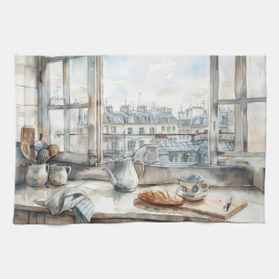 Paño De Cocina Cocina de Apartamento en París Acuarela con Tejado