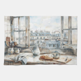 Paño De Cocina Cocina de Apartamento en París Acuarela con Tejado