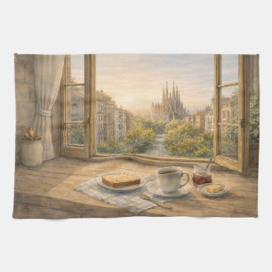 Paño De Cocina Cocina de Barcelona Mañana Acuarela con Sagrada
