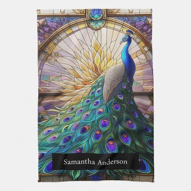 Paño De Cocina Cocina de lujo: Nombre personalizado de pavo real  (Vertical)