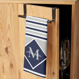 Paño De Cocina Cocina en monograma gris azul de la Marina Náutica
