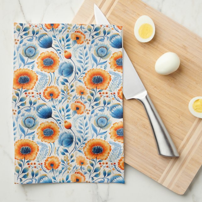 Paño De Cocina Cocina floral acuática azul y Naranja (Doblado Cuarto)