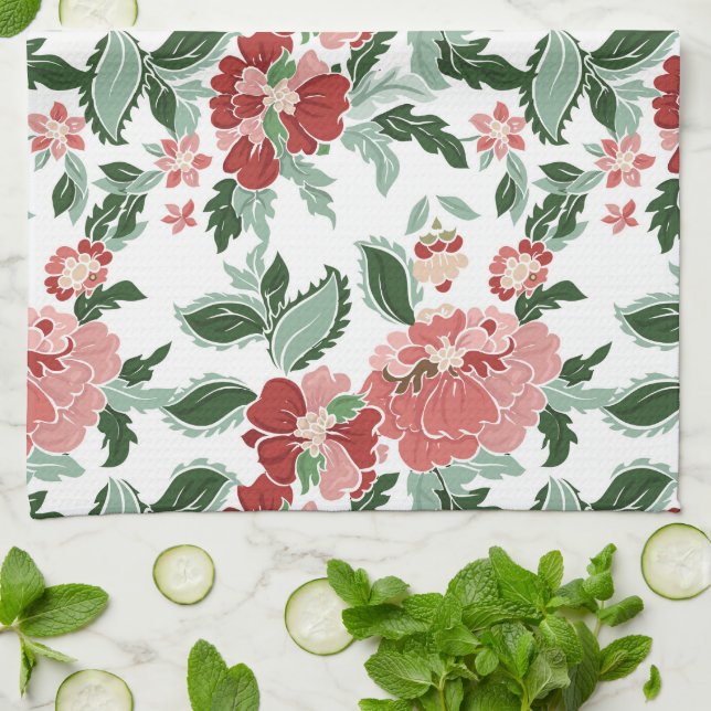 Paño De Cocina Cocina floral roja/oliva (Doblado)