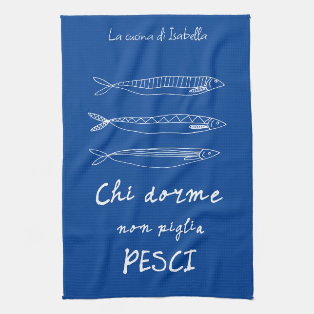 Paño De Cocina cocina italiana sardinas italita cita dibujo azul (Vertical)