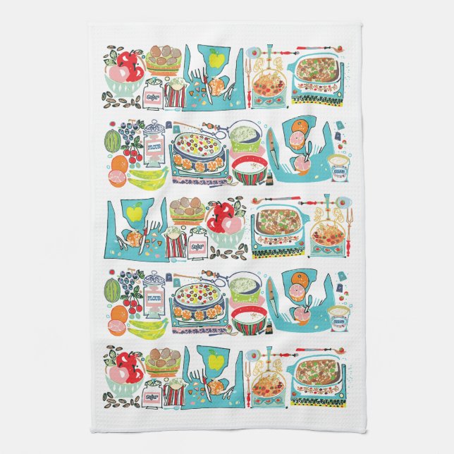 Paño De Cocina Cocina retro Ilustracion de libros de cocina Aqua (Vertical)