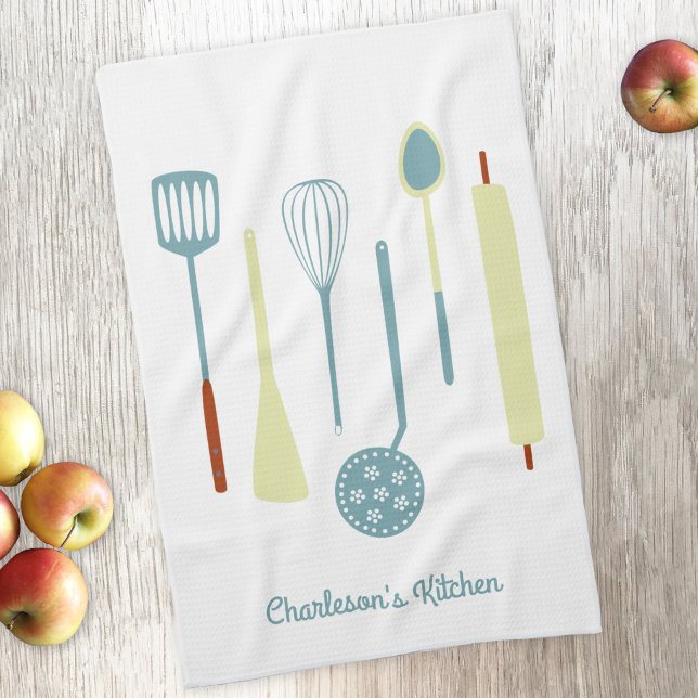 Paño De Cocina Cocina retro personalizada (Retro kitchen utensils personalized kitchen towel with editable text)