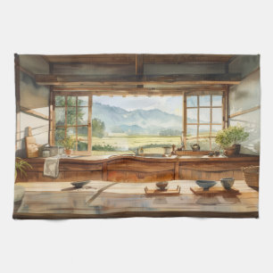 Paño De Cocina Cocina rural japonesa con vista a arrozal