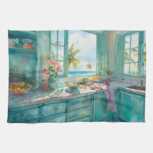 Paño De Cocina Cocina Tropical de Miami Acuarela con Palma y Oc
