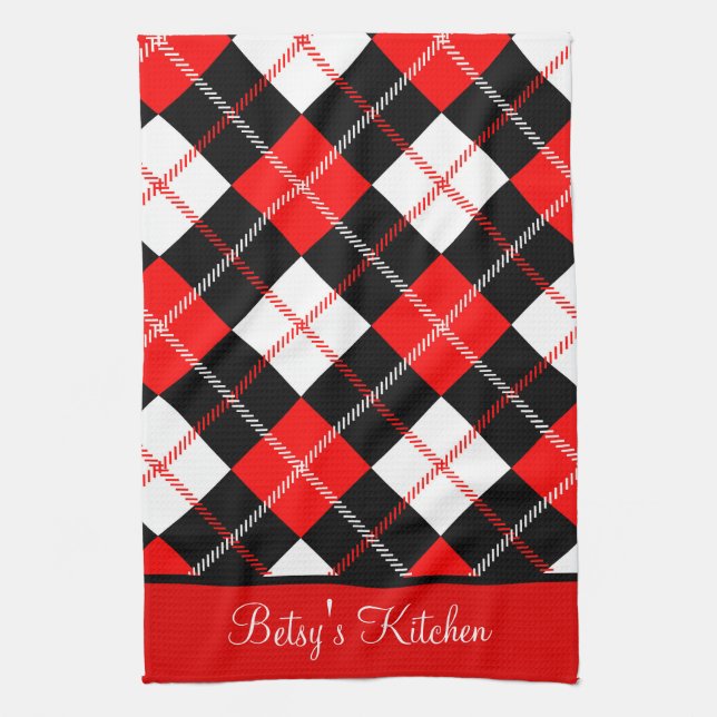 Paño De Cocina Cocina Xadrez Argyle Personalizada Rojo Negro Blan (Vertical)