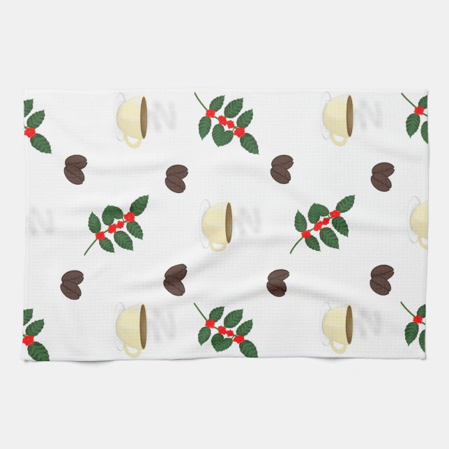 Paño De Cocina Coffee Pattern with Beans, Cups, and Coffee trees (Horizontal)