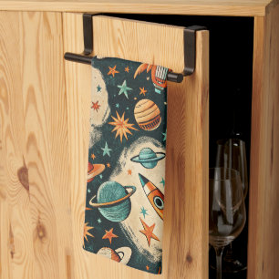 Paño De Cocina Cohete cósmico retro cómic ráfaga de estrellas azu