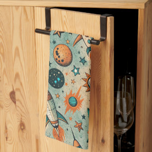 Paño De Cocina Cohetes Estrellas Cósmicas Caprichosas Coral Teal