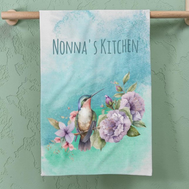 Paño De Cocina Colibrí acuarela y flores personalizadas (Kitchen towel template of hummingbird and watercolor background.)