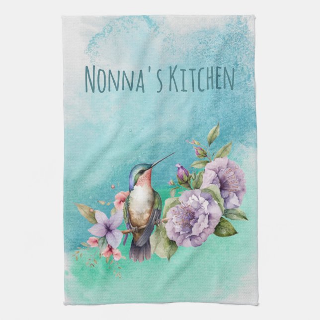 Paño De Cocina Colibrí acuarela y flores personalizadas (Vertical)
