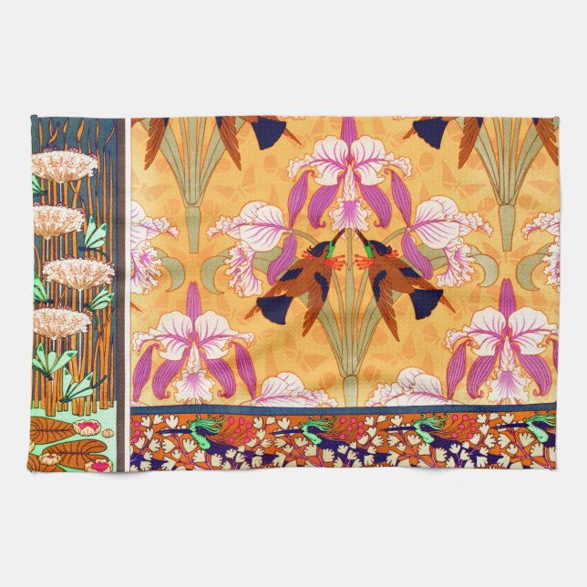 Paño De Cocina Colibrí Art Nouveau y flor orquídea (Horizontal)
