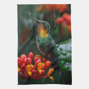 Paño De Cocina Colibrí encaramado en flor brillante