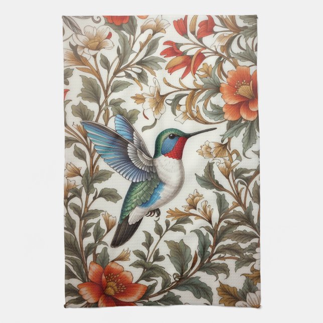 Paño De Cocina Colibrí Volador Inspirado en William Morris (Vertical)