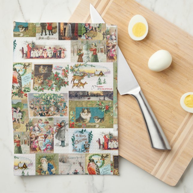 Paño De Cocina Collage de antigüedades navideñas (Doblado Cuarto)