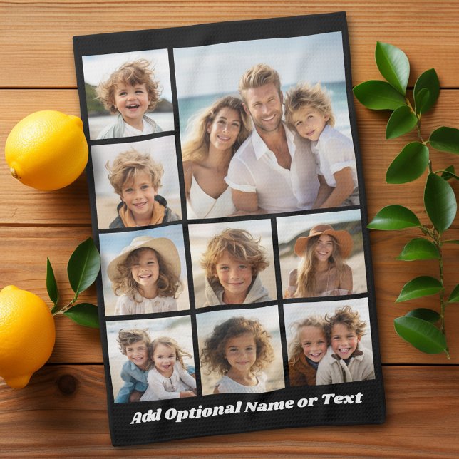 Paño De Cocina Collage de Black 9 Photo Square - con escritura bl (Custom kitchen towel - photo collage)