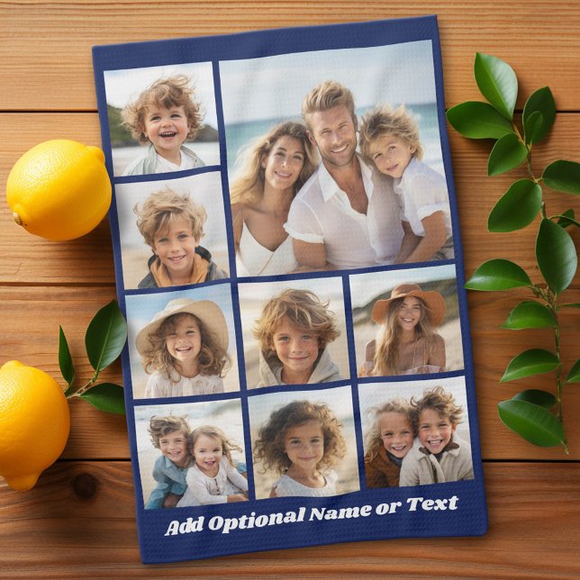 Paño De Cocina Collage de Blue 9 Photo Square - con escritura bla (Custom Kitchen Towel with Photo Collage)