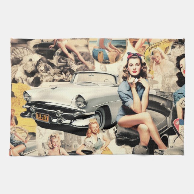 Paño De Cocina Collage de Chicas retro de los años 50 (Horizontal)