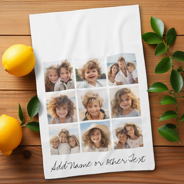 Paño De Cocina collage de fotos cuadrado de 9 - Blanco y negro (Personalized Kitchen Towel with photos and text - Makes a great gift)